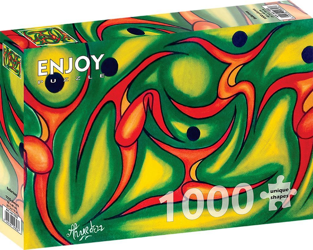 Abstract expressionist painting featuring interlocking, stylized dancers in vibrant shades of green, red, yellow, and orange.