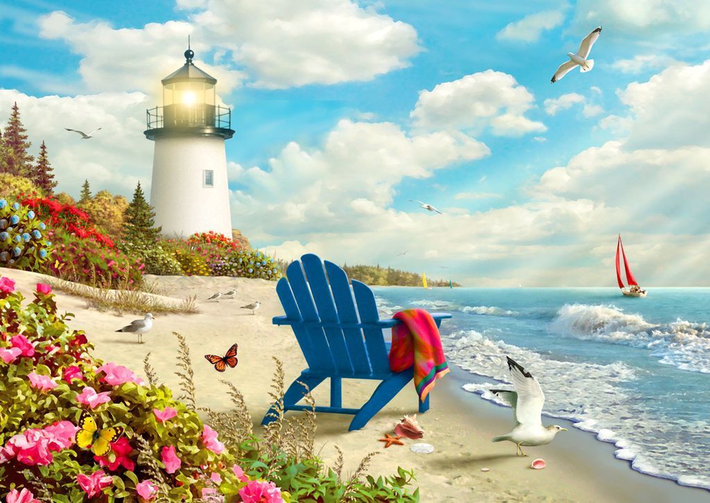 A sunny coastal scene with a white lighthouse, a blue Adirondack chair on the sand, and blooming pink flowers.