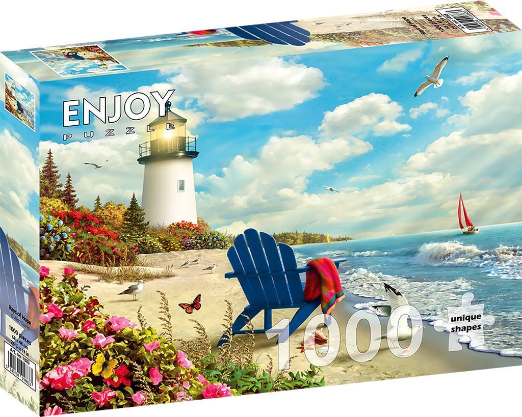 A sunny seaside scene with a lighthouse, a blue chair on the sand, and blooming flowers under a bright blue sky.