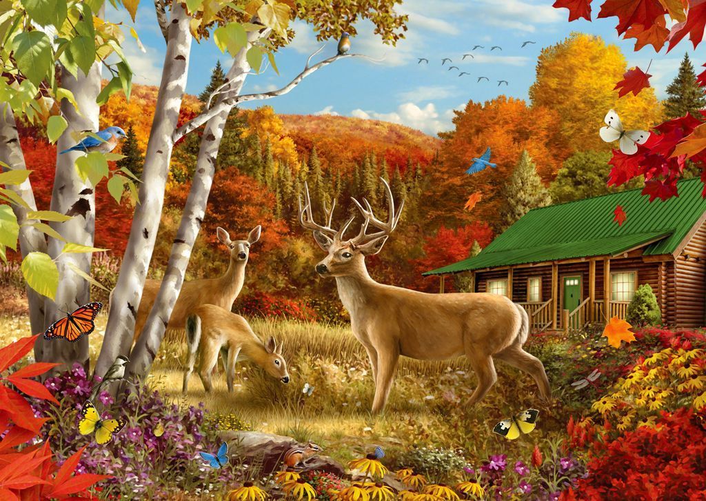 A buck, doe, and fawn in a meadow by a rustic cabin surrounded by autumn foliage and birds.