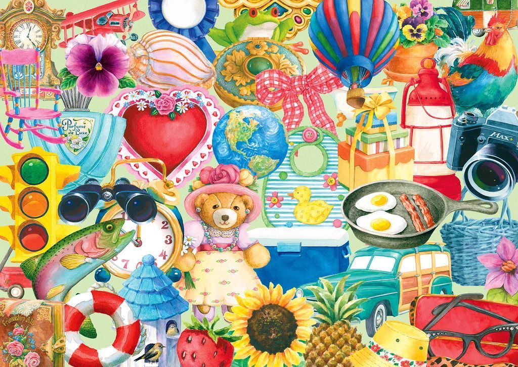 A dense, colorful illustration featuring a variety of miscellaneous objects like a teddy bear, globe, and camera.