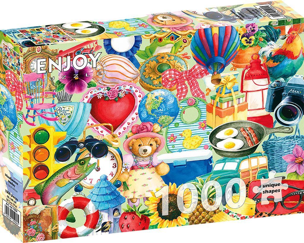 A whimsical collage of various colorful everyday objects, animals, and decorative items.