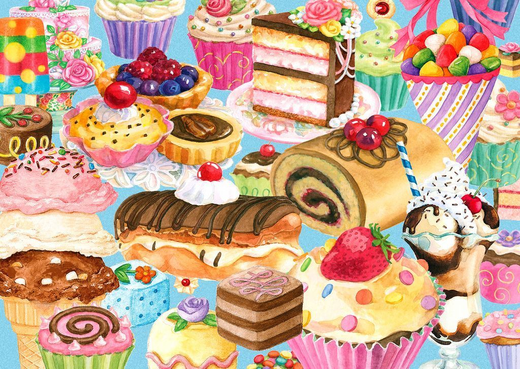 An assortment of colorful, delicious-looking desserts arranged on a light blue background.