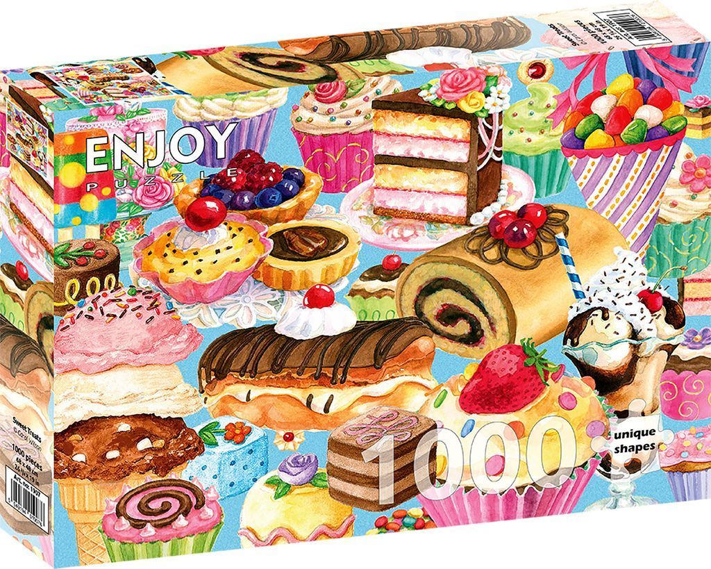 A whimsical illustration of assorted cakes, cupcakes, pastries, and ice cream treats against a bright blue background.