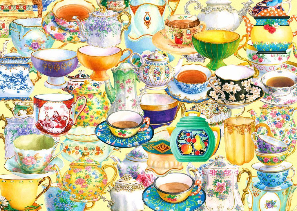 A dense, vibrant arrangement of colorful, intricately patterned ceramic teapots and teacups.