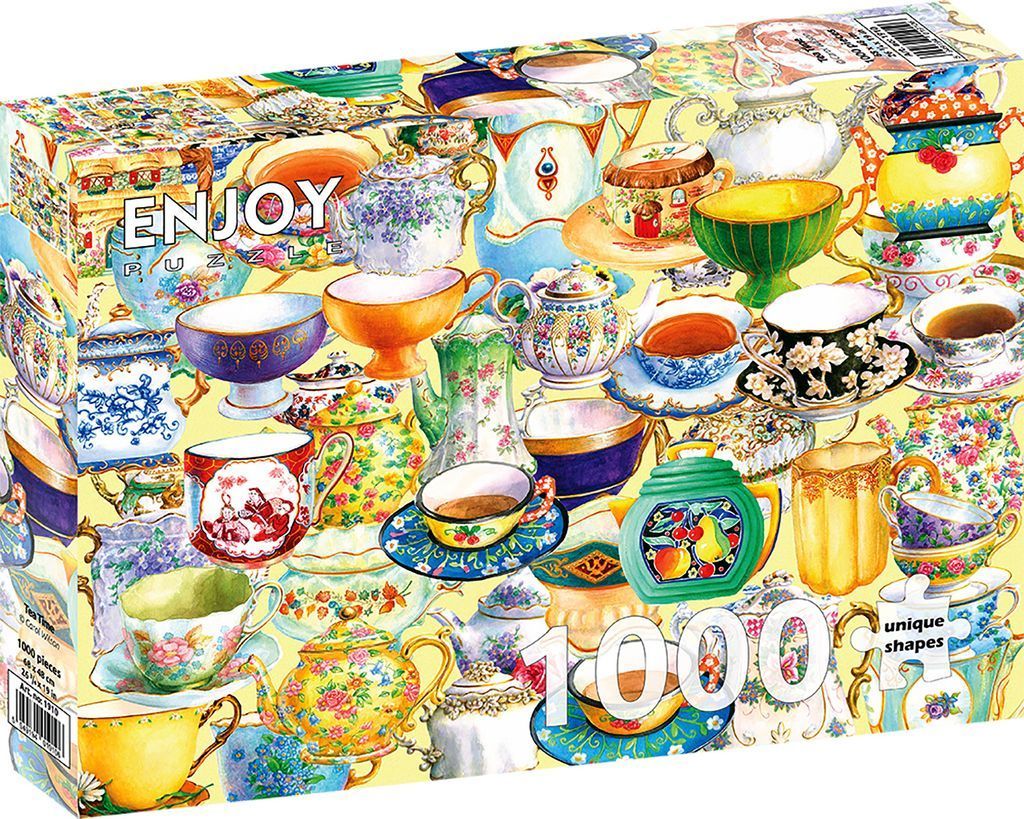 An illustration of various colorful teapots and teacups arranged in a crowded collage on a soft yellow background.