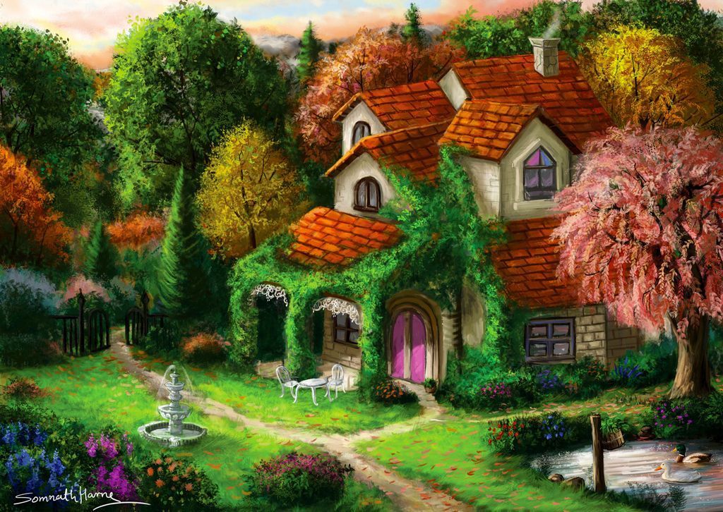 A cozy cottage with a red tile roof surrounded by lush gardens, a fountain, and a small pond.