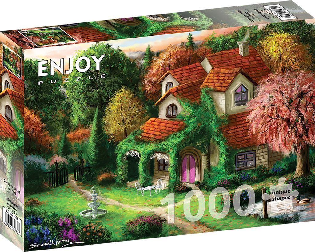 A cozy stone cottage with a red-tiled roof surrounded by lush trees, a flowering cherry tree, and a garden fountain.