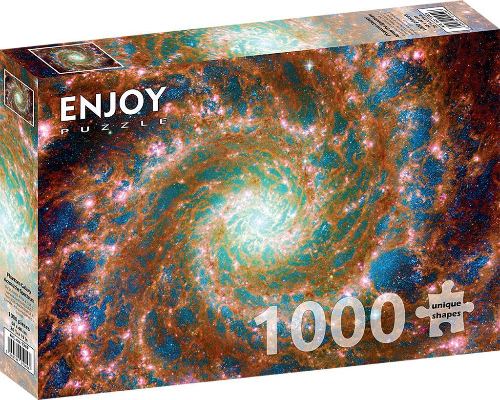 A vibrant, high-resolution deep space photograph showing the intricate spiral arms of the Phantom Galaxy.