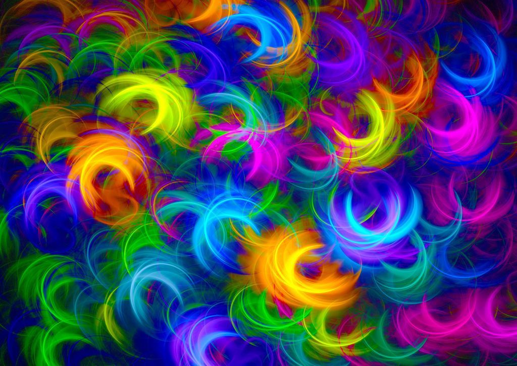 Abstract pattern of luminous, swirling crescents in vibrant neon colors against a dark background.