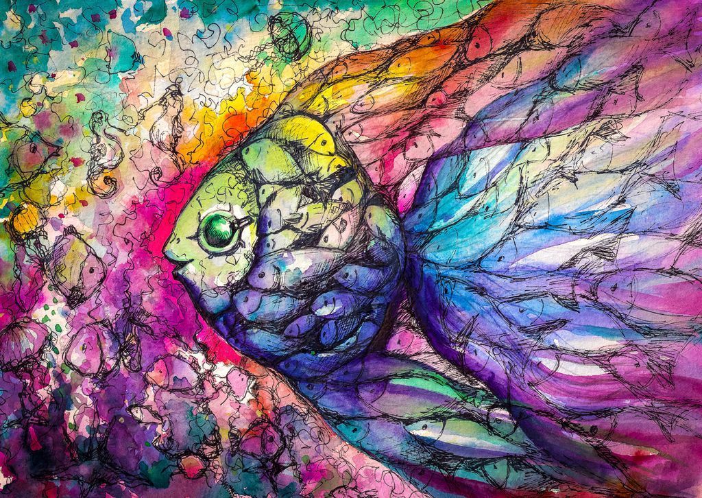 A whimsical watercolor and ink illustration of a large fish composed of many smaller fish in rainbow colors.