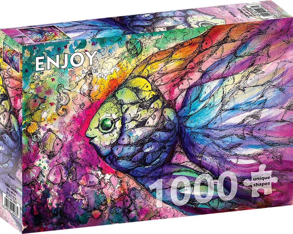 Abstract watercolor and ink illustration of a large fish composed of many smaller fish in a vibrant, swirling environment.