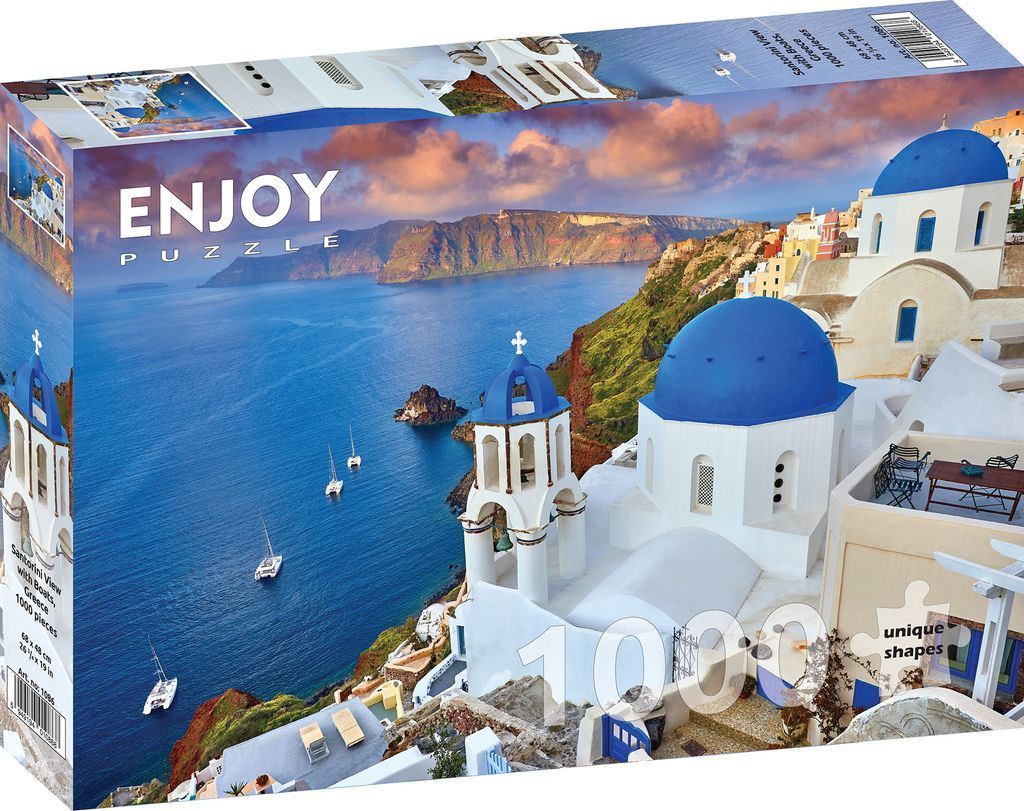 Scenic view of Santorini, Greece featuring iconic blue-domed white churches overlooking the Aegean Sea.