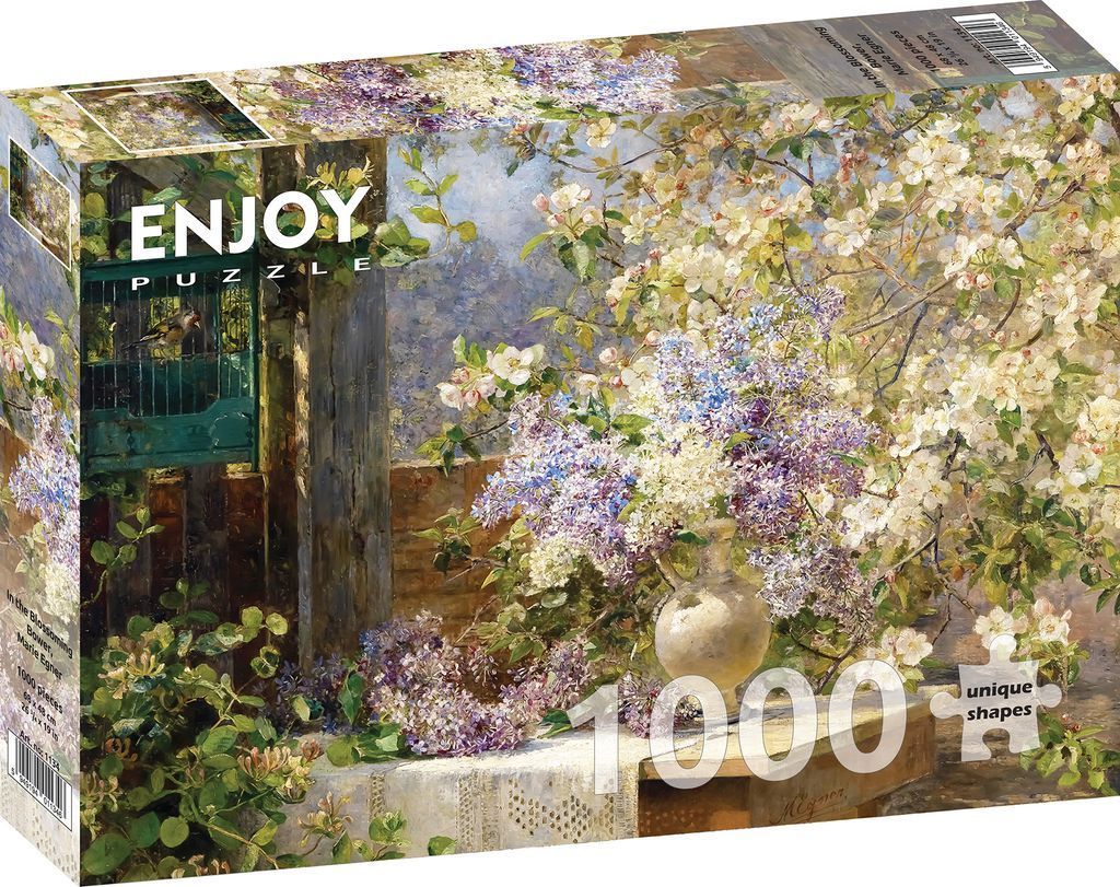 Impressionistic painting of a bouquet of lilacs on a table next to a birdcage in a blooming garden.