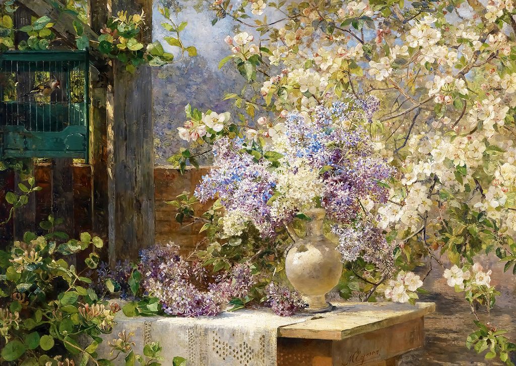 A lush garden still life featuring a vase of lilacs on a table beside a birdcage and blooming trees.