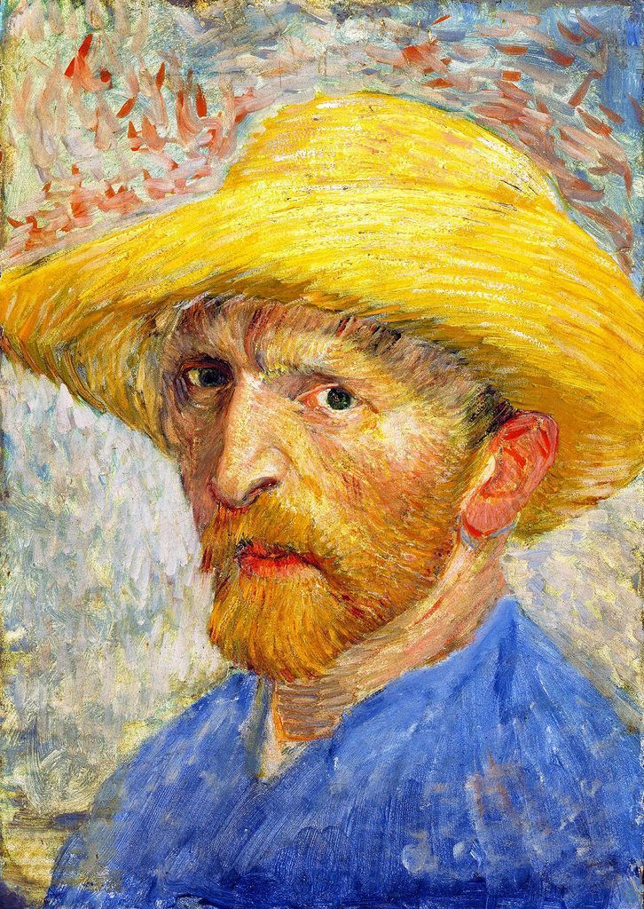 An expressive post-impressionist self-portrait of a man with a beard wearing a vibrant yellow straw hat.