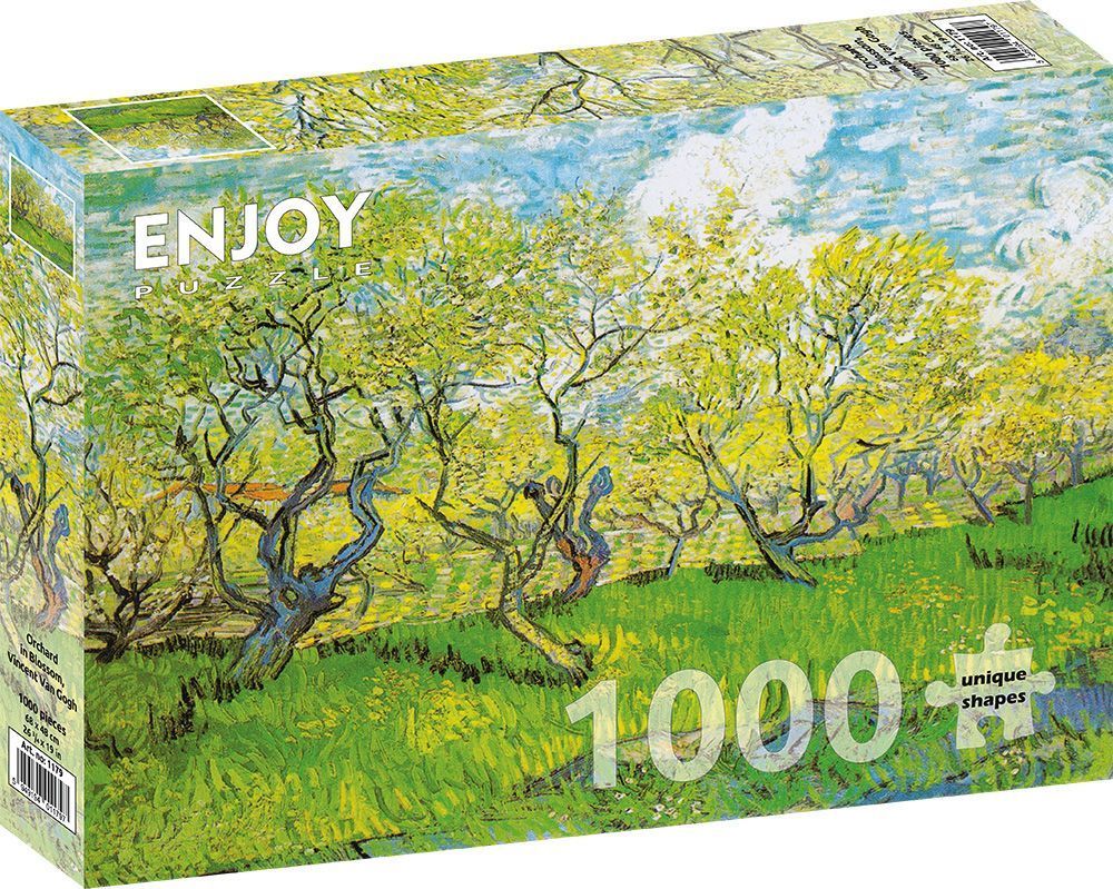Impressionist painting of an orchard in bloom with gnarled trees and bright yellow blossoms against a blue sky.