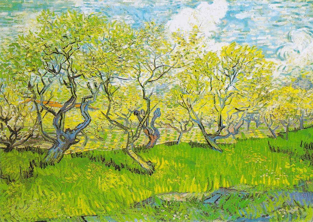 An impressionist painting of a blossoming orchard with yellow-green trees under a blue sky.