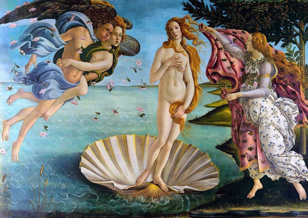 The Birth of Venus featuring a central nude goddess standing in a giant scallop shell by the sea.