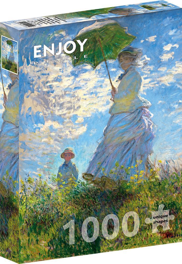 Impressionist painting of a woman with a green parasol and a young boy walking through a grassy meadow