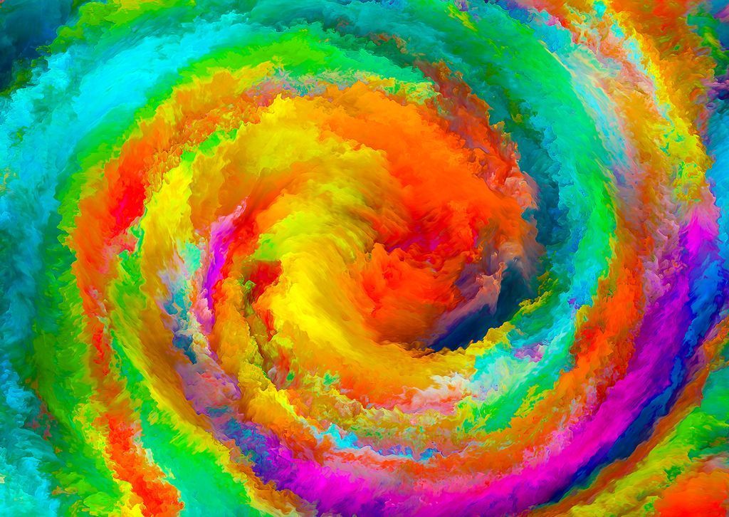 A vibrant, abstract digital painting featuring a swirling vortex of saturated rainbow colors.