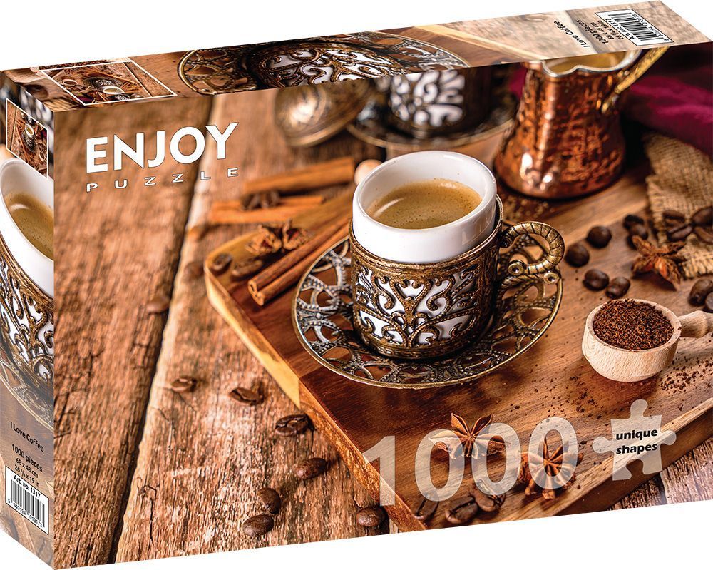Close-up photograph of a Turkish coffee cup in a decorative metal holder on a rustic wooden board with coffee beans.