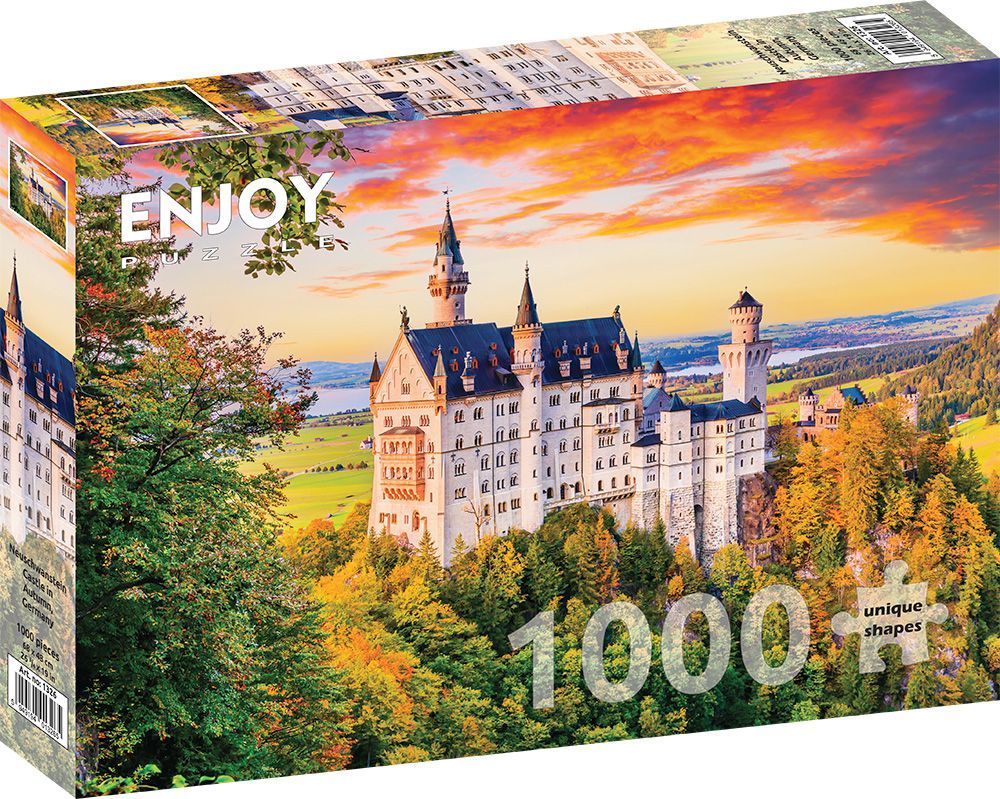 Neuschwanstein Castle at sunset surrounded by vibrant autumn trees