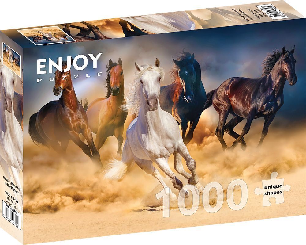 Five horses running through a desert, kicking up dust in a dramatic scene.