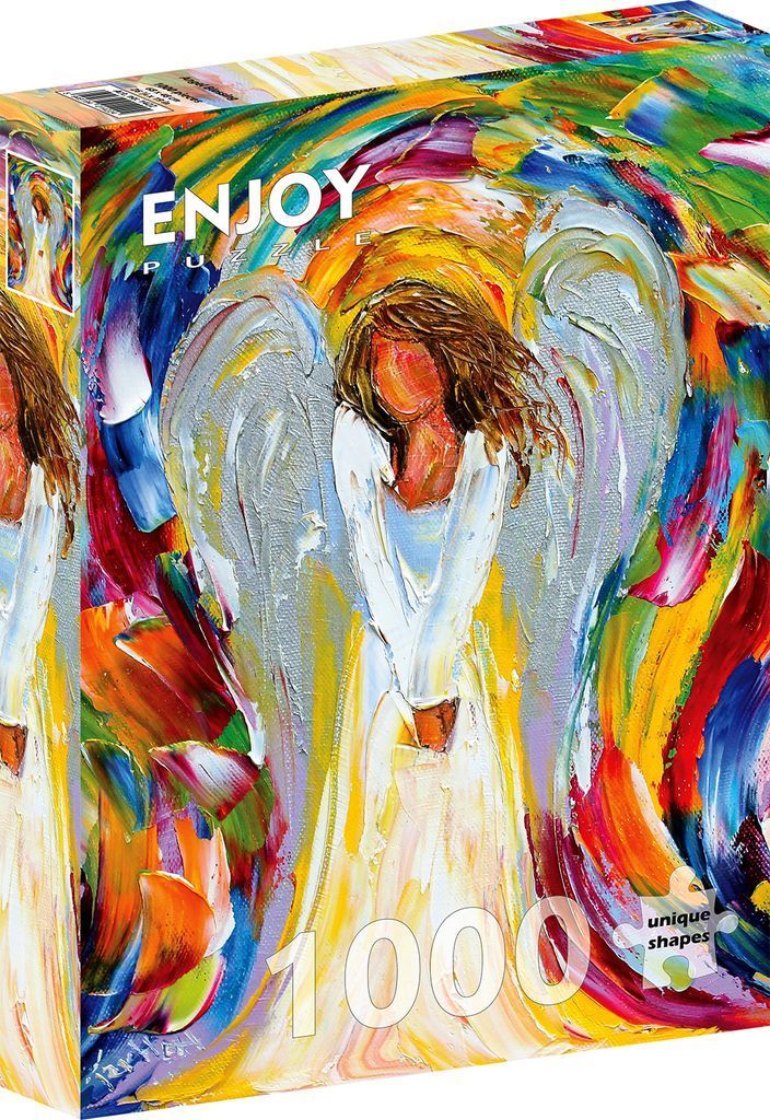 An expressionist oil painting of an angel with flowing white robes surrounded by a vibrant, multi-coloured background.