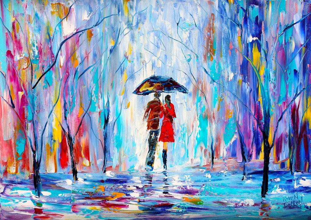An impressionistic painting of a couple walking under an umbrella in a colorful, abstract, rainy forest scene.