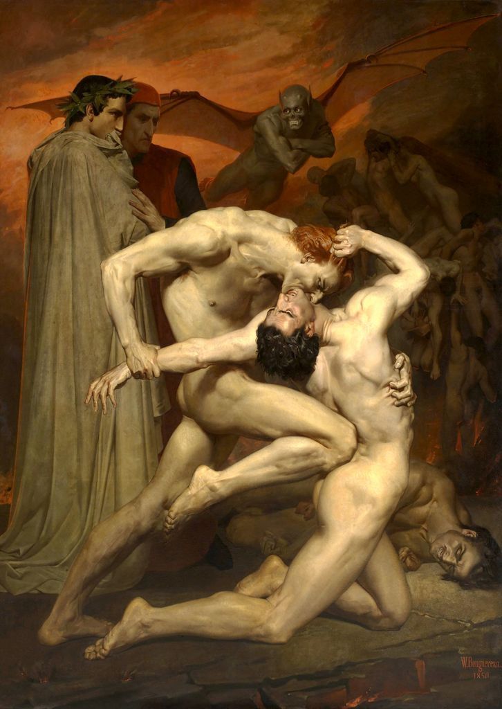 Two muscular men grapple in violent combat in a dark, fiery underworld setting while two figures in robes observe.