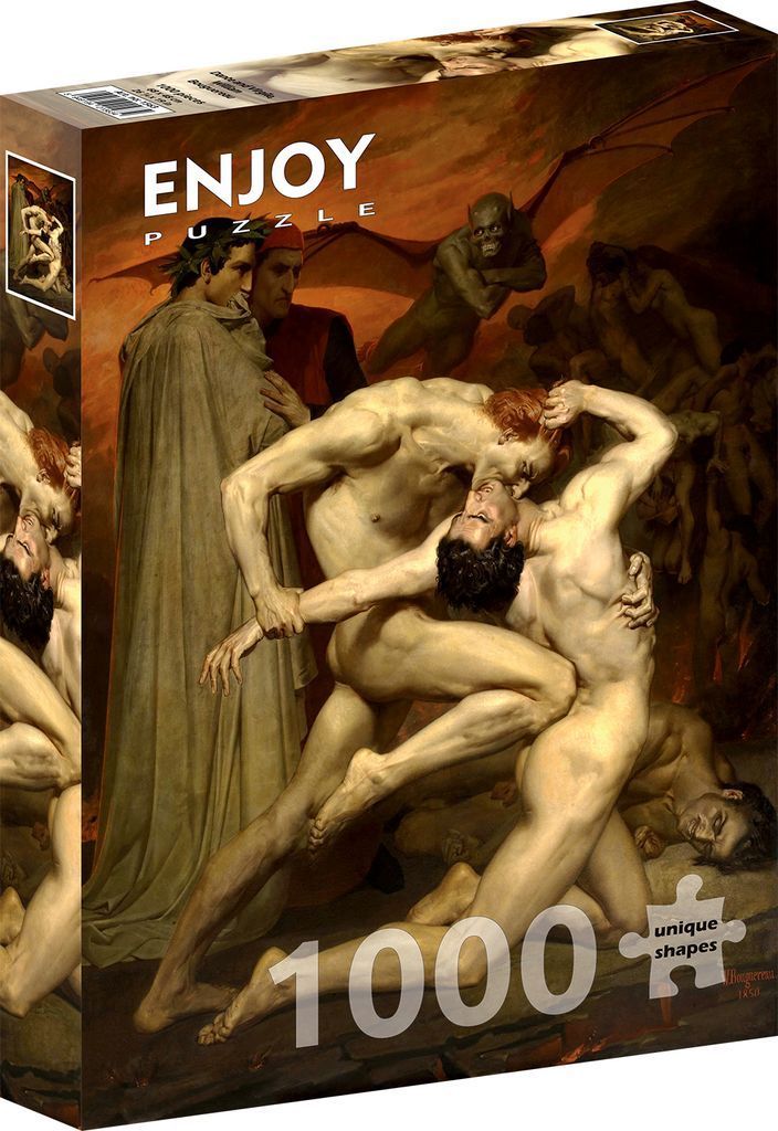 Oil painting of Dante and Virgil observing a violent struggle between two naked men in a hellish landscape.