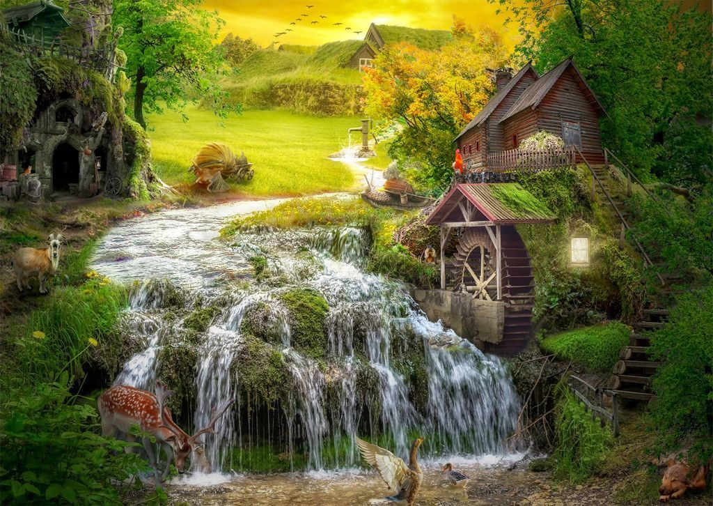 A whimsical landscape with a waterfall, a wooden watermill, and various animals in a lush green countryside.