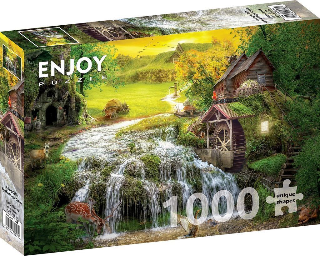 A whimsical landscape with a waterfall, rustic cabins, and giant snails in a lush, green, sunlit countryside.