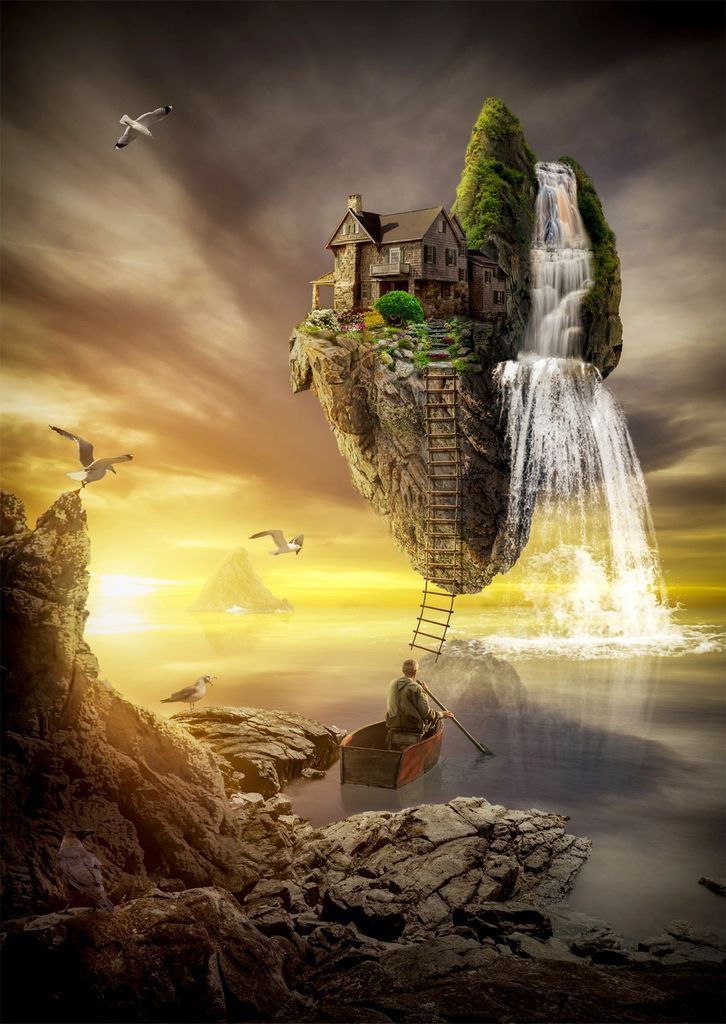 A man in a rowboat approaches a floating island with a house and a waterfall, set against a sunset sky.