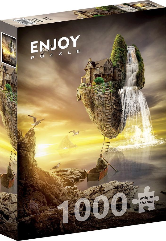 Fantasy art of a floating island with a house and waterfall above a man in a rowboat at sunset.