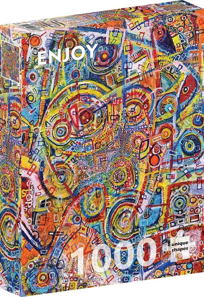 An abstract expressionist painting featuring vibrant, swirling circles and geometric patterns in primary colors.
