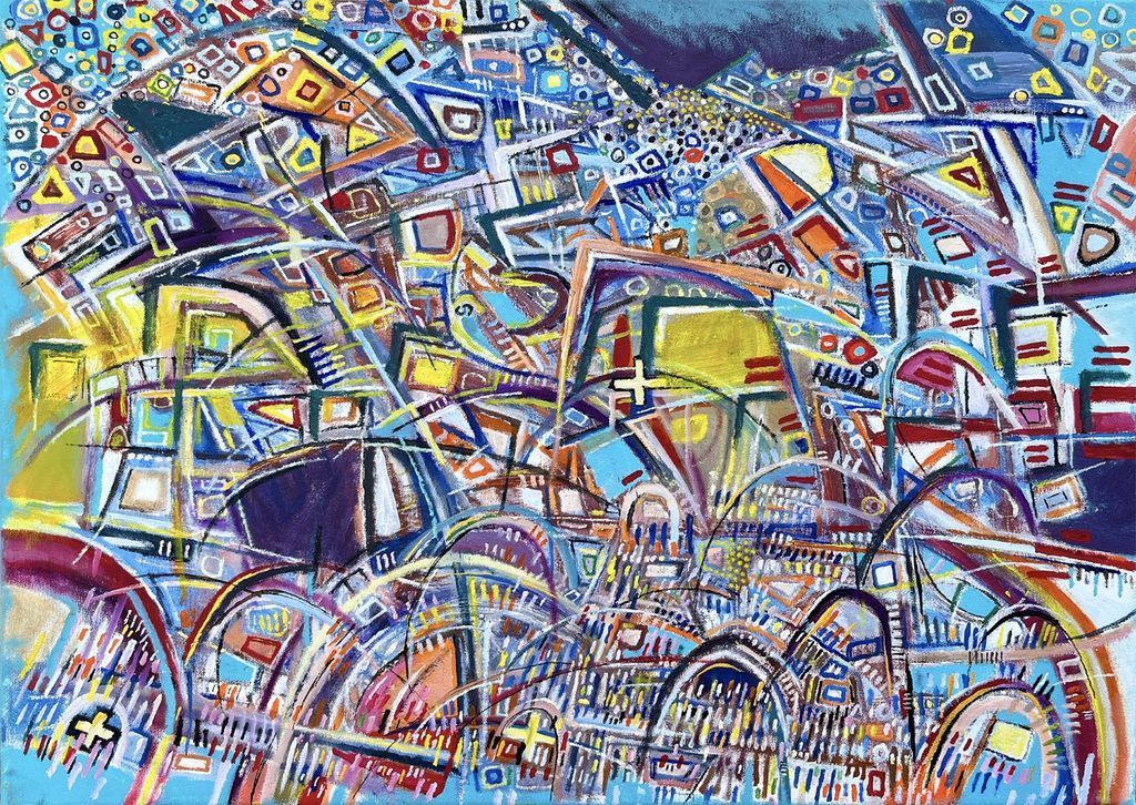 An abstract painting of geometric shapes and rhythmic arches in vibrant blue, yellow, and red colors.