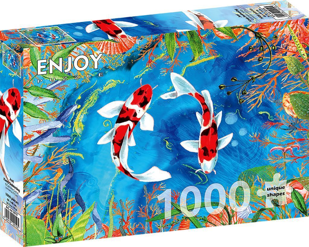 Two vibrant red, white, and black koi fish swimming in deep blue water surrounded by colorful aquatic plants.