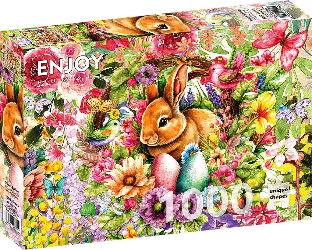 An illustration of a brown rabbit surrounded by colorful spring flowers, birds, butterflies, and patterned eggs.