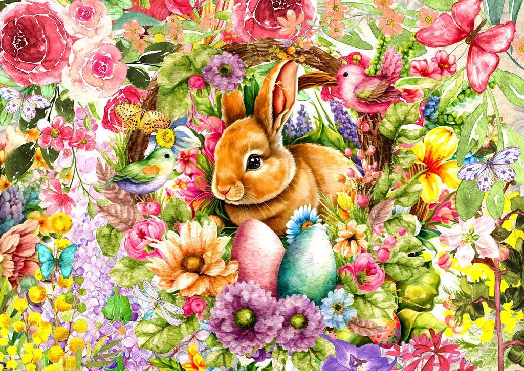 A whimsical watercolor illustration featuring a brown rabbit sitting in a lush, floral garden with butterflies and eggs.