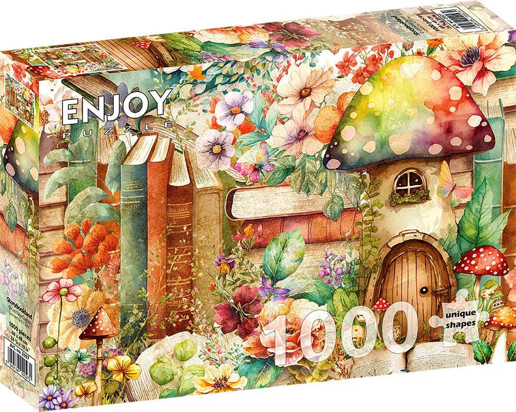 Whimsical watercolor illustration of a mushroom house nestled among vintage books and vibrant wildflowers.