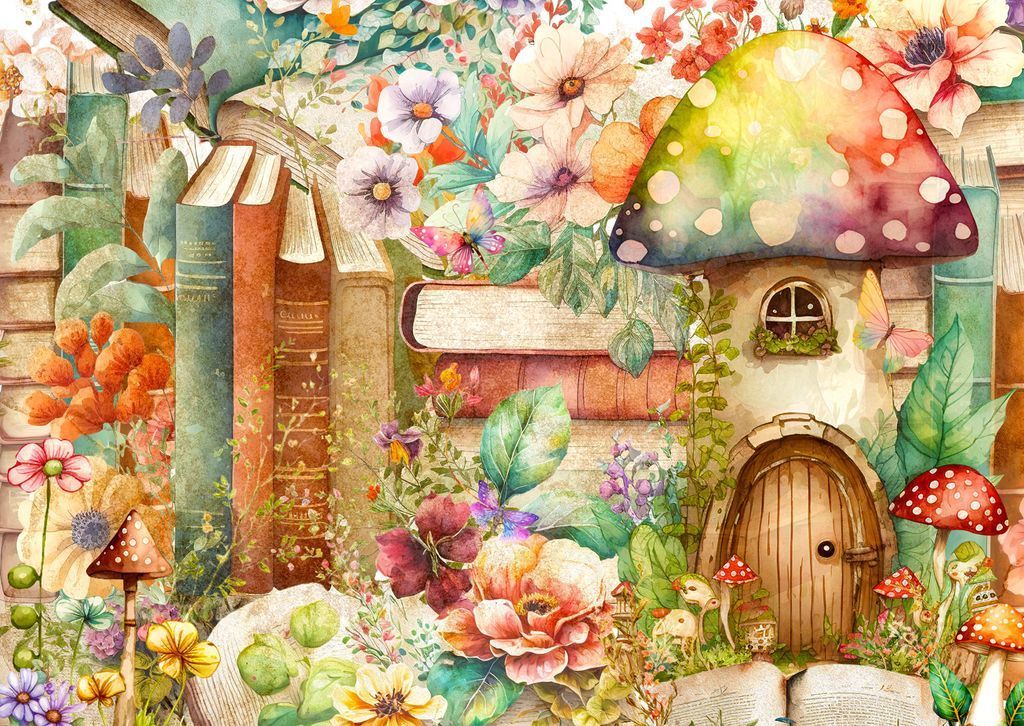 A whimsical illustration of a mushroom house nestled among stacks of old books and colorful flowers.