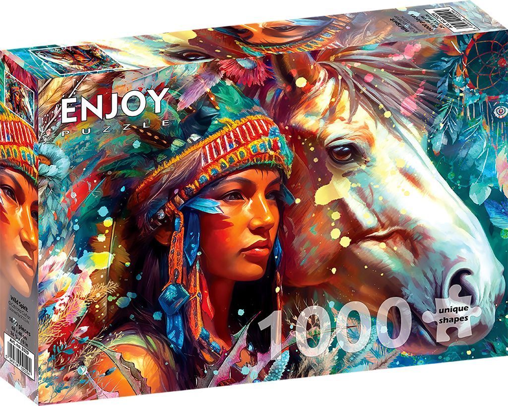 Vibrant digital painting of a woman in Native American-inspired regalia beside a white horse.