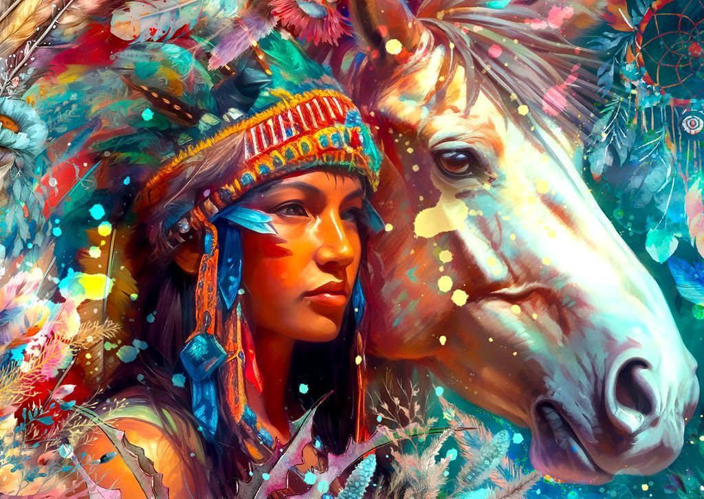 Close-up illustration of a woman wearing a feathered headdress next to a horse in vibrant, abstract colors.