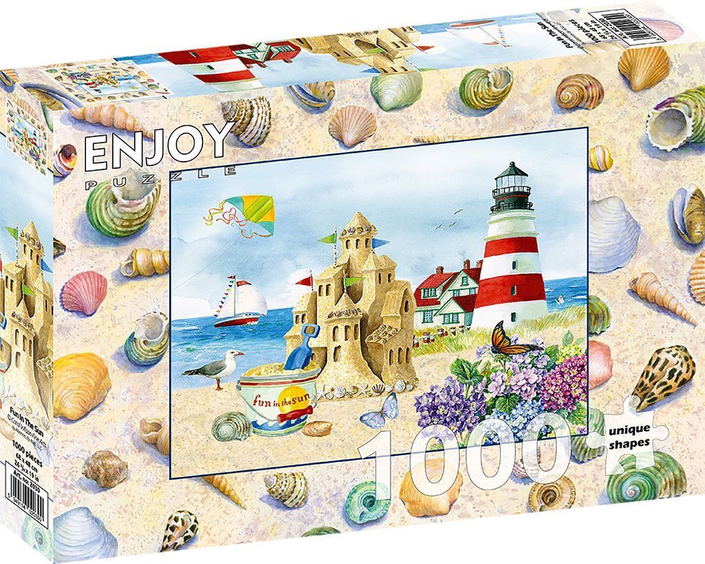 Watercolor illustration of a beach scene with a lighthouse, sandcastle, and scattered seashells
