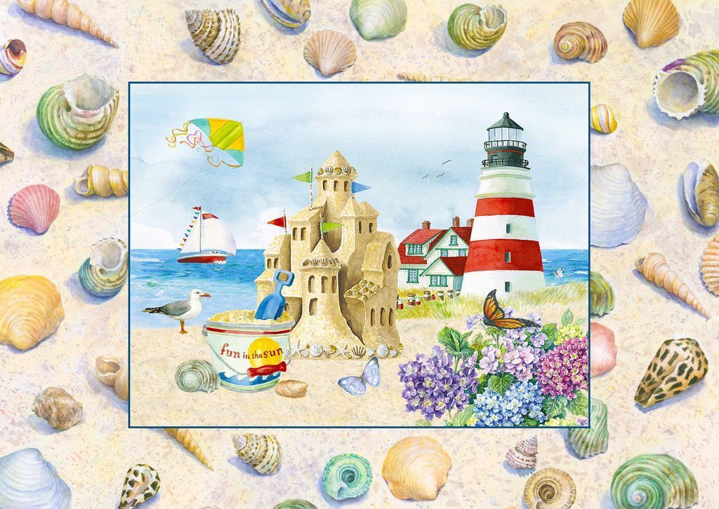 A whimsical seaside scene featuring a sandcastle, a lighthouse, and a border of seashells.
