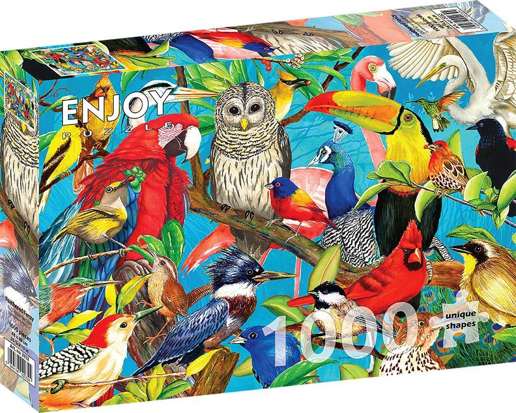 A vibrant illustration crowded with various colorful bird species perched on branches against a bright blue background.