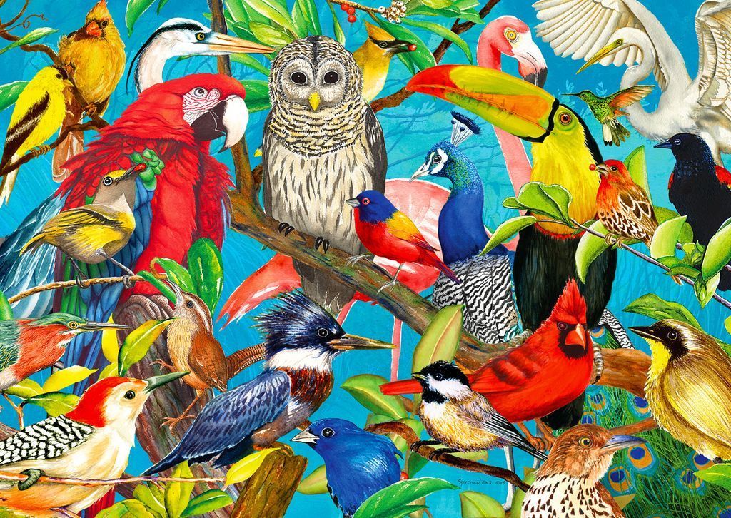 A vibrant, crowded illustration featuring a dense gathering of various bird species against a bright turquoise background.