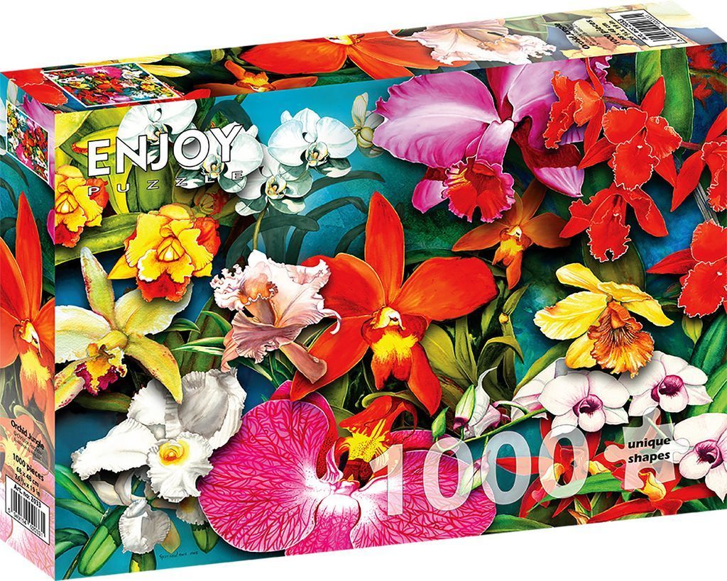 A lush, vibrant illustration of various tropical orchids in red, yellow, pink, and white against a teal background.